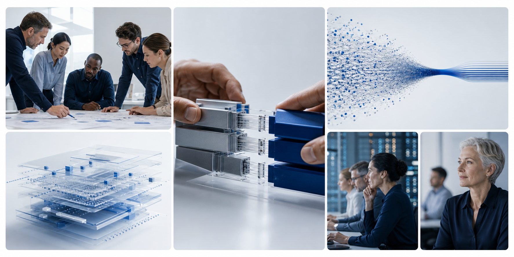 A five-panel editorial mosaic showing collaborative AI planning, system architecture, secure integration, performance refinement, and human oversight.