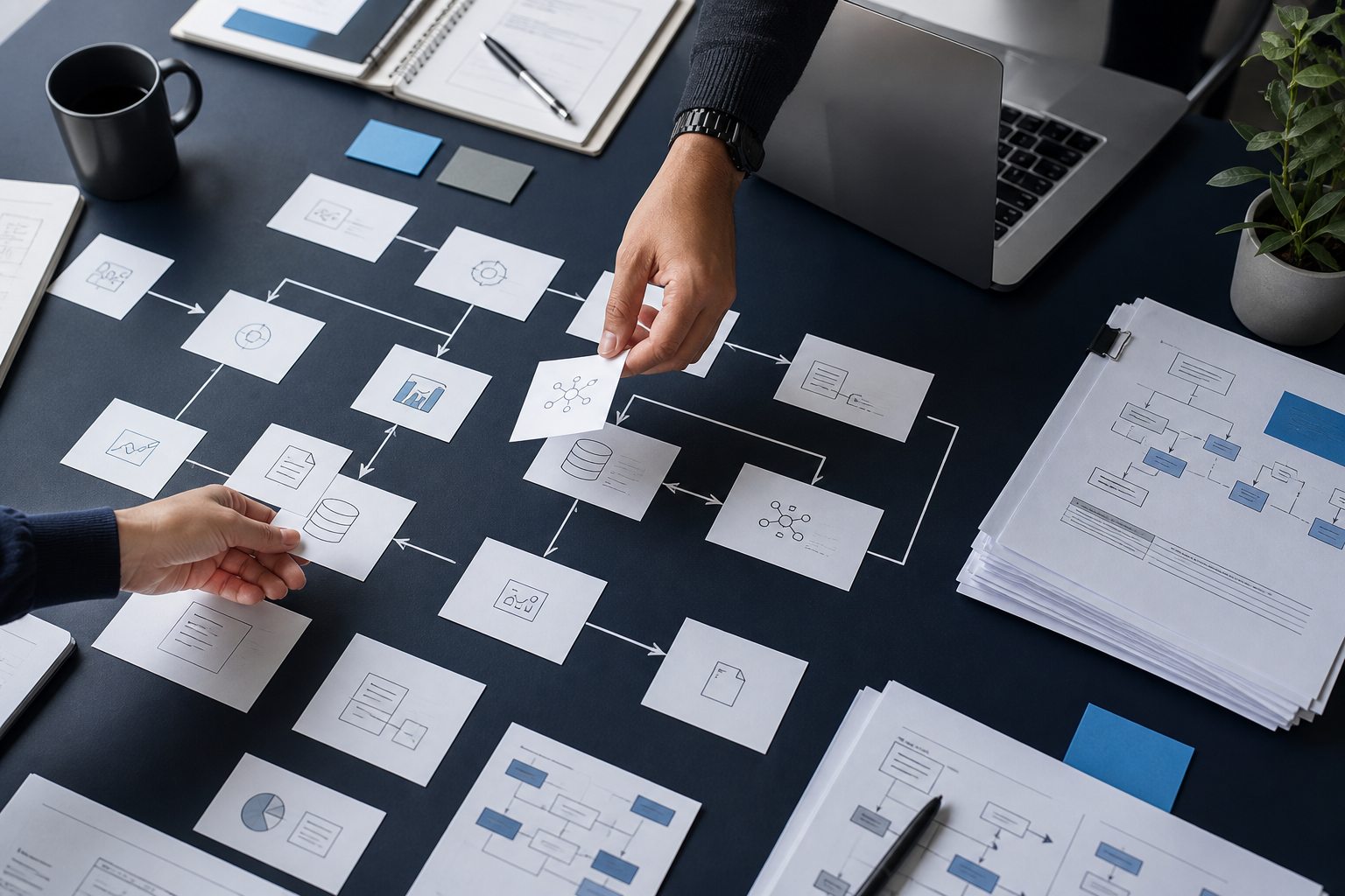 Hands arrange workflow cards and system diagrams during an AI implementation planning session.