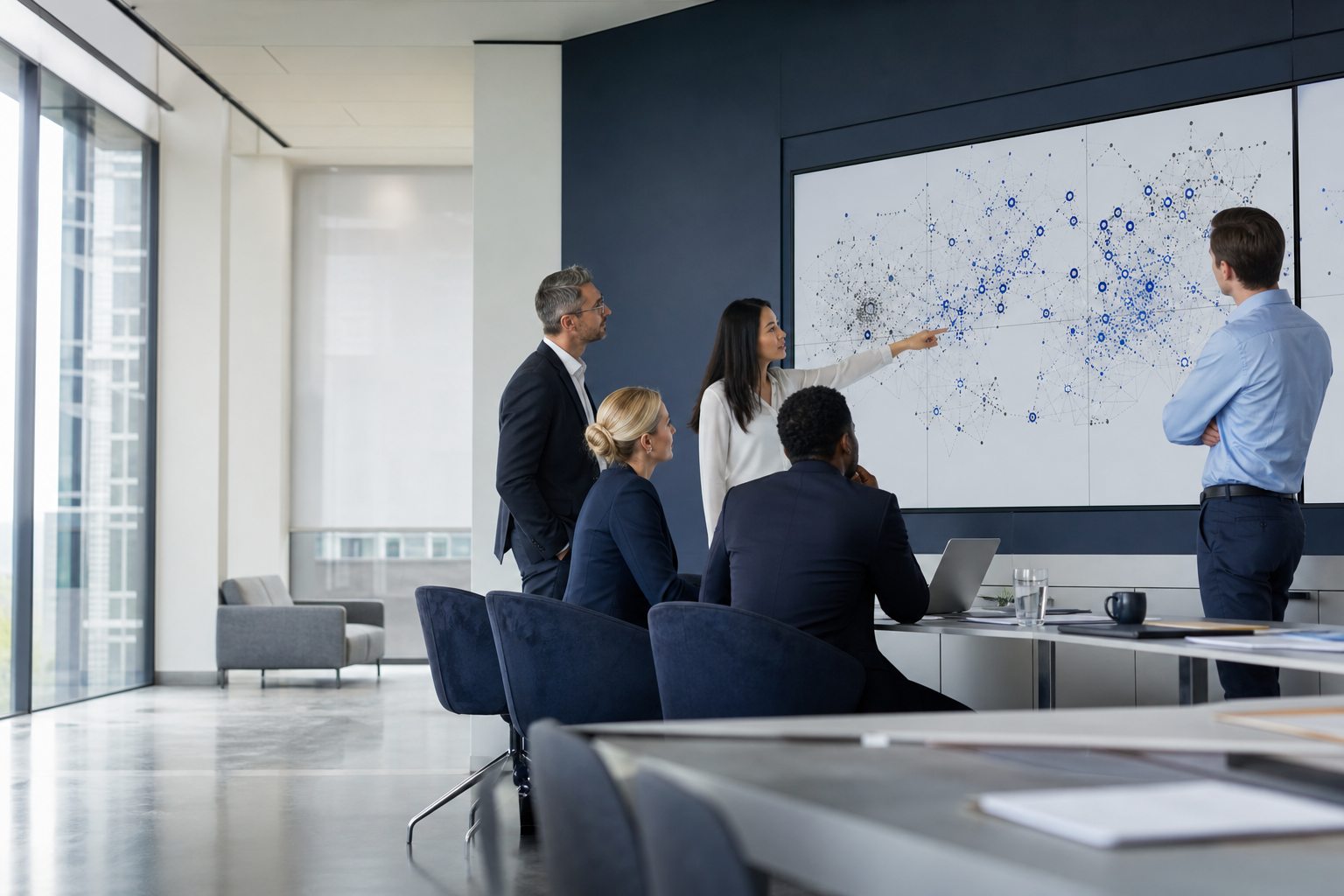 Business and operations leaders review an AI opportunity map in a modern conference room.