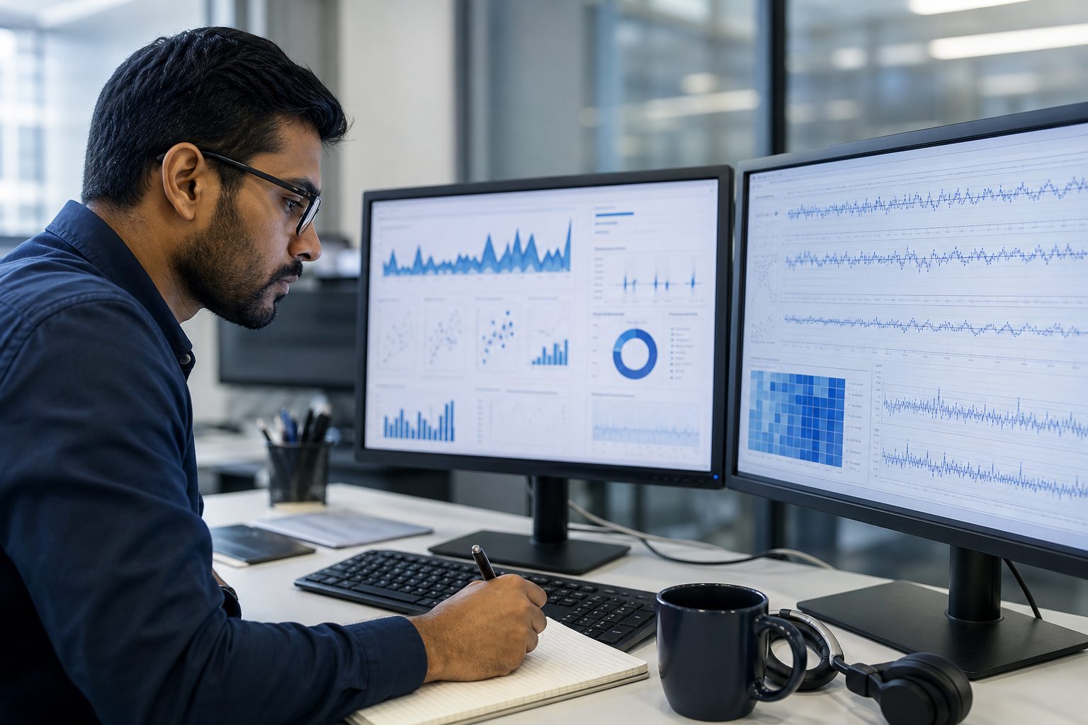 An AI operations specialist reviews model evaluation charts and records observations.
