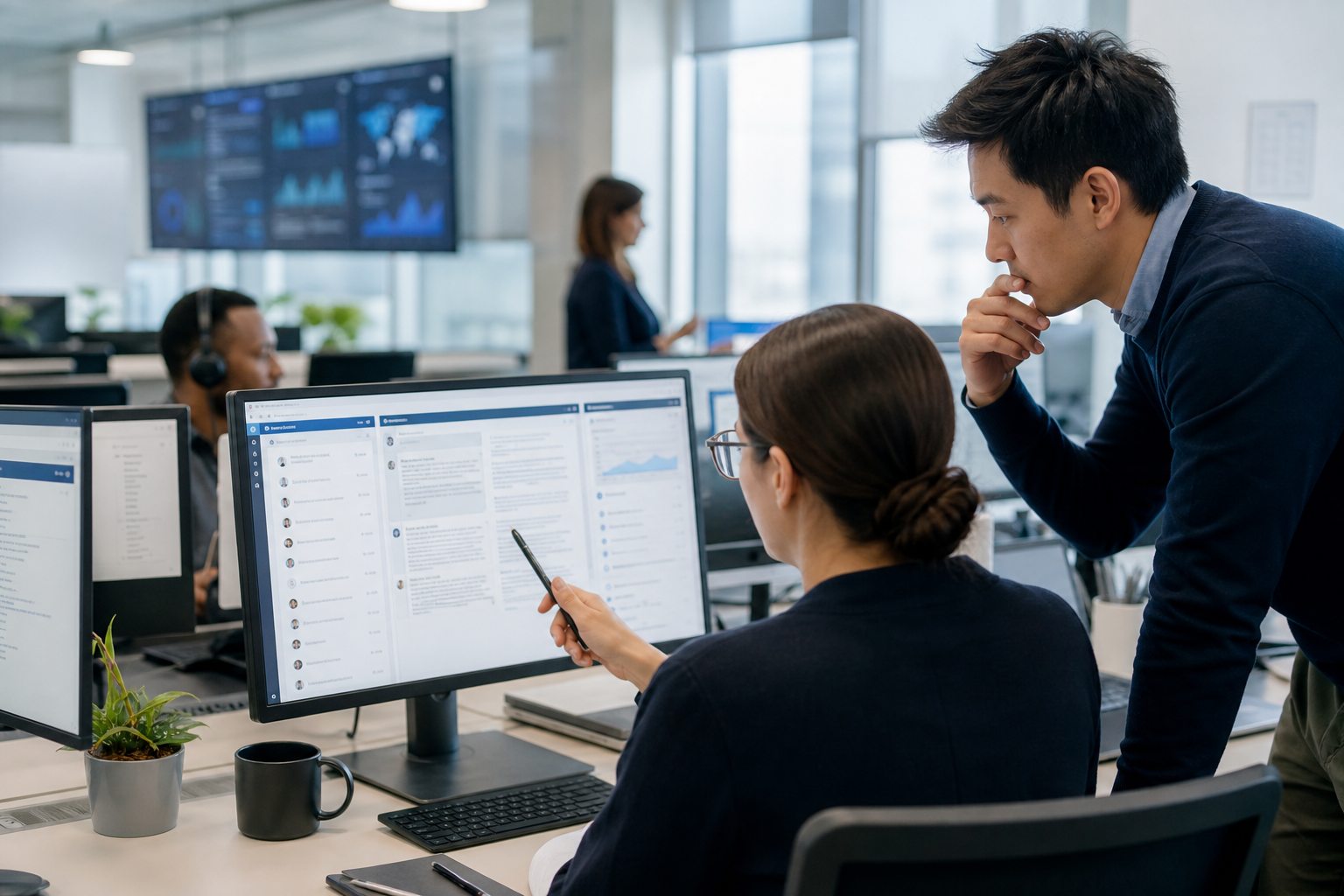 Service operations specialists review an AI-assisted customer workflow together.
